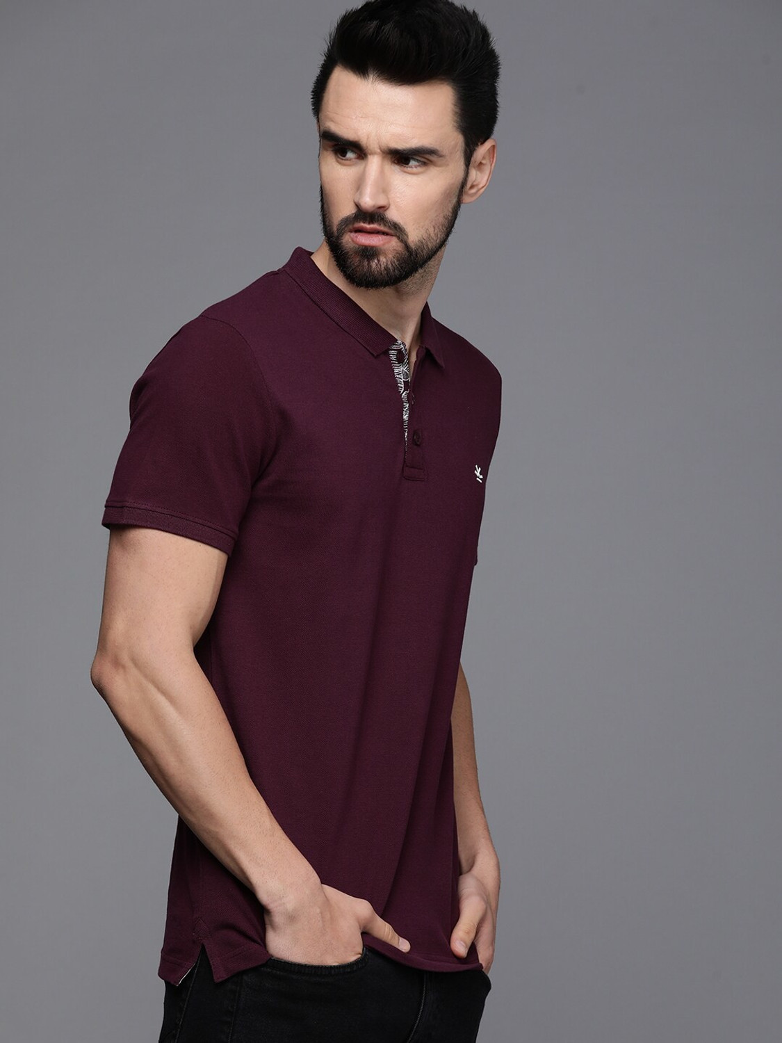 Image of WROGN Solid Men Polo Neck Maroon T-Shirt