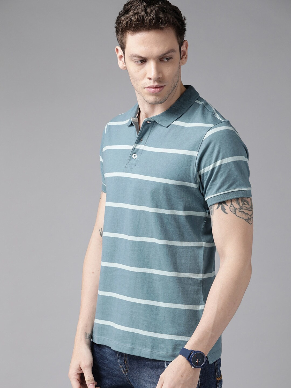 Image of Roadster Striped Men Polo Neck Blue T-Shirt
