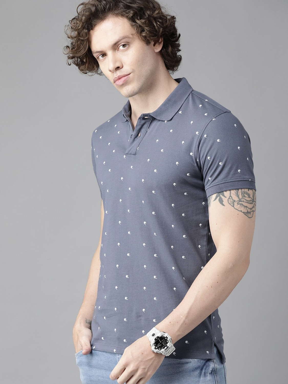 Image of Roadster Printed Men Polo Neck Grey T-Shirt