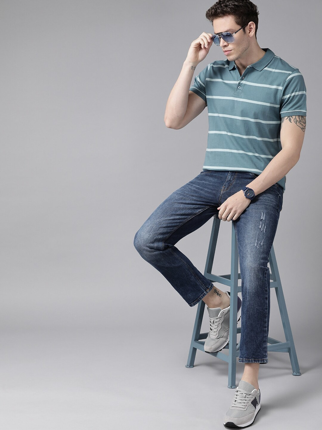 Image of Roadster Striped Men Polo Neck Blue T-Shirt