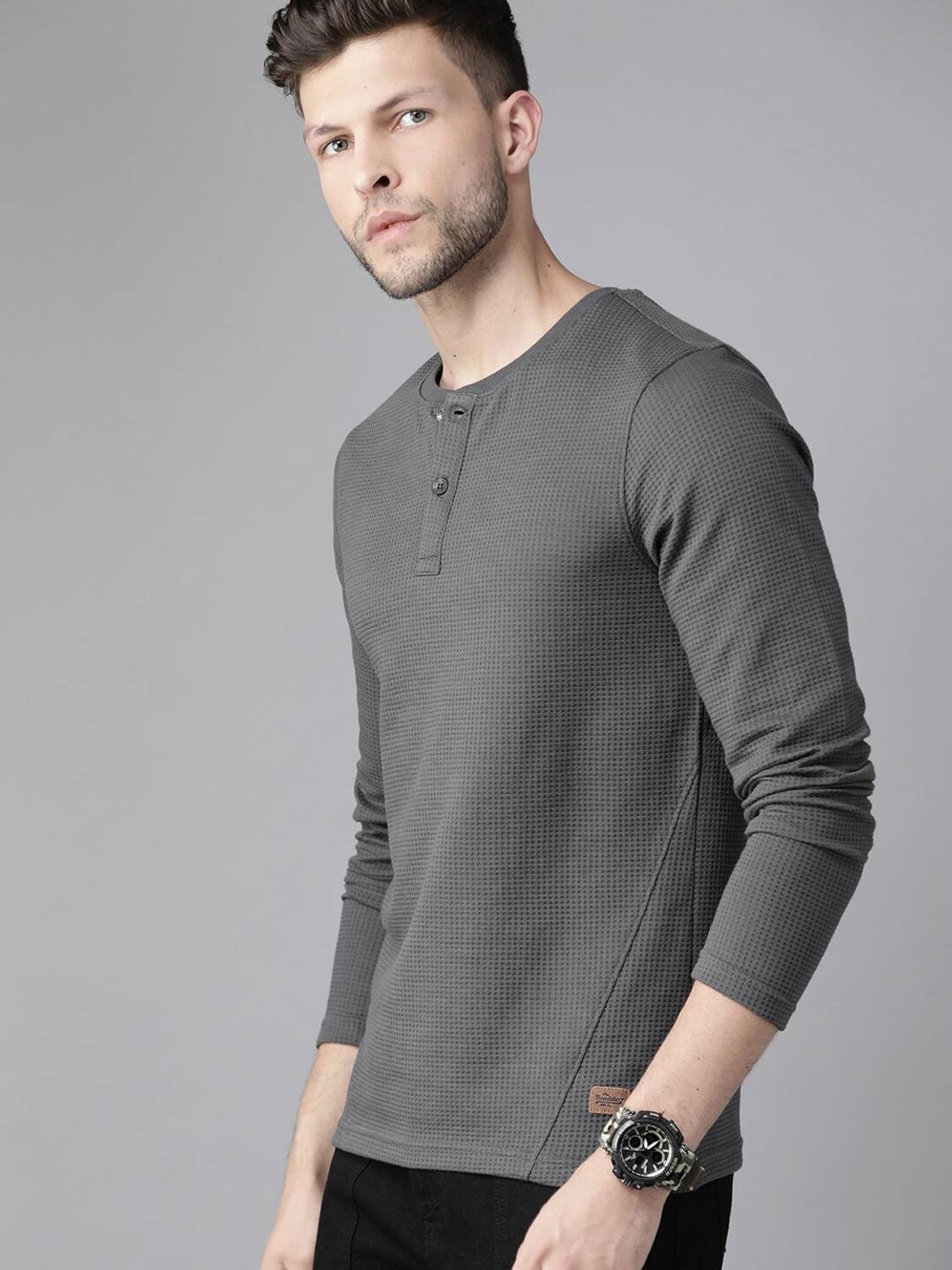Roadster Men Henley Neck Grey T-Shirt - Image 3