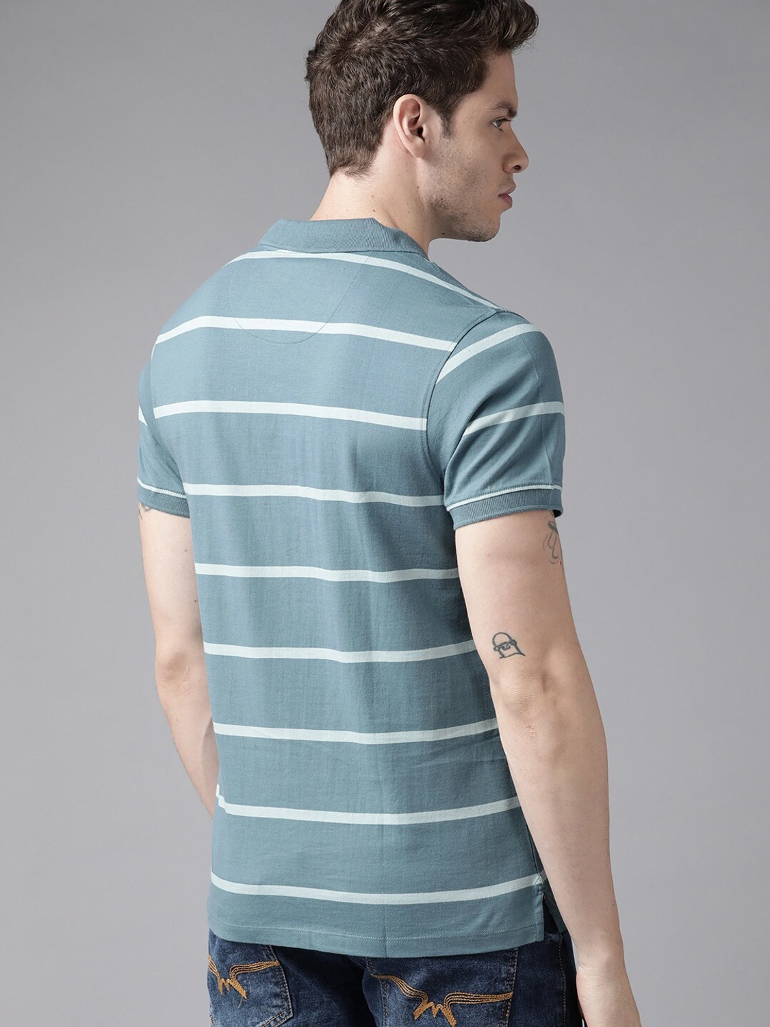 Image of Roadster Striped Men Polo Neck Blue T-Shirt