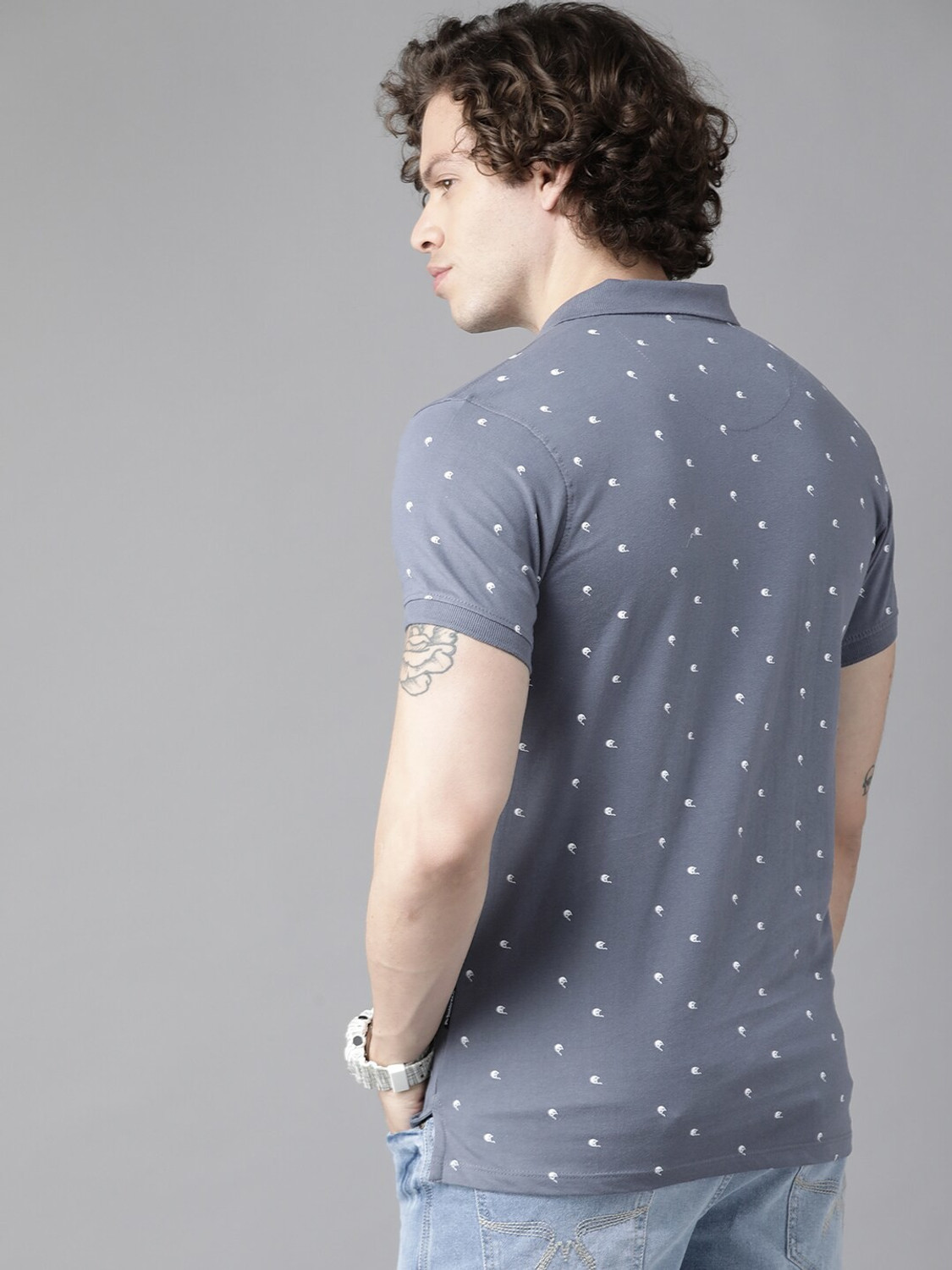 Image of Roadster Printed Men Polo Neck Grey T-Shirt