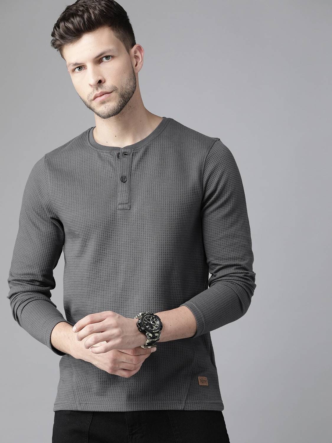 Roadster Men Henley Neck Grey T-Shirt - Image 1