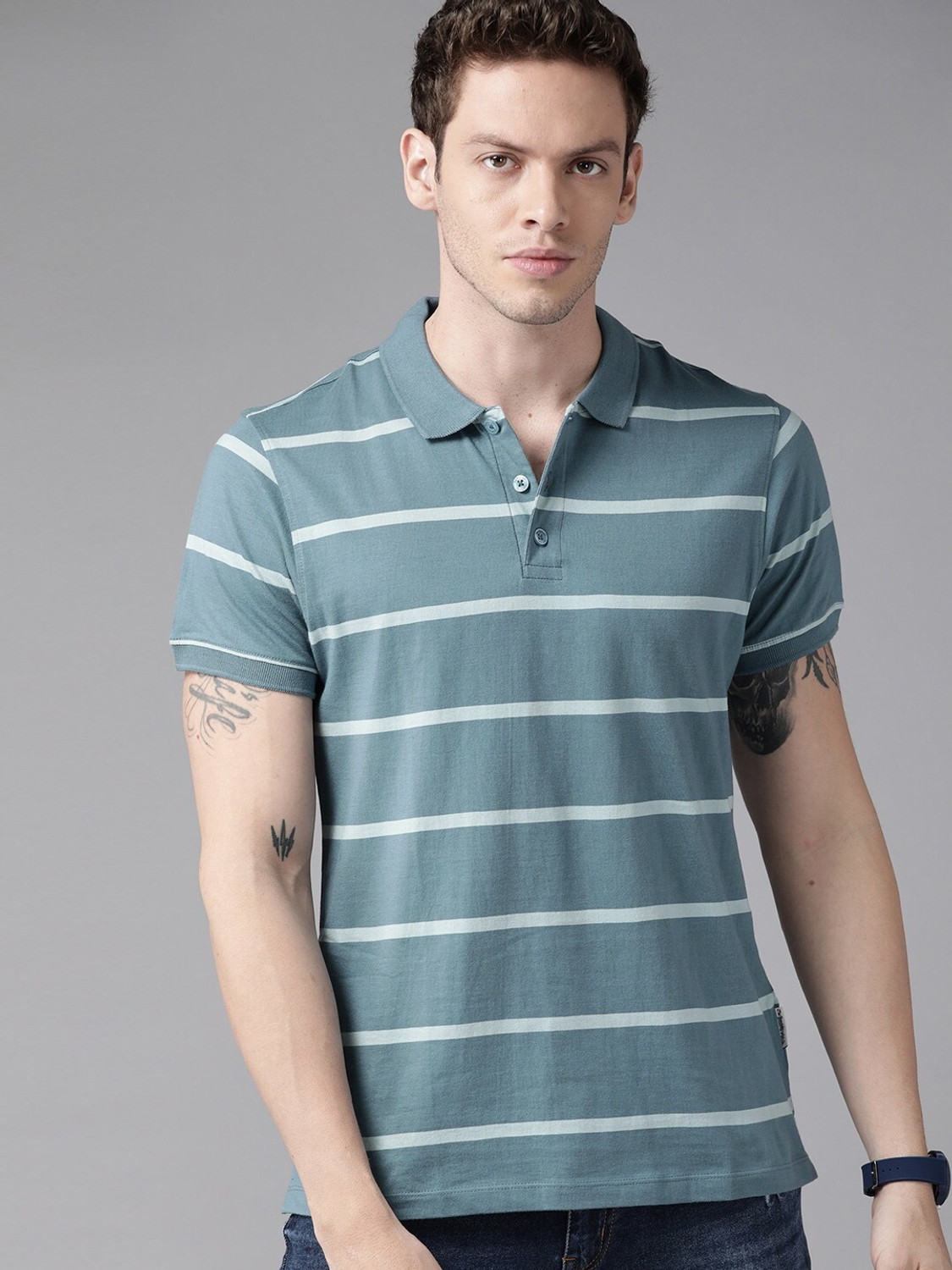 Image of Roadster Striped Men Polo Neck Blue T-Shirt