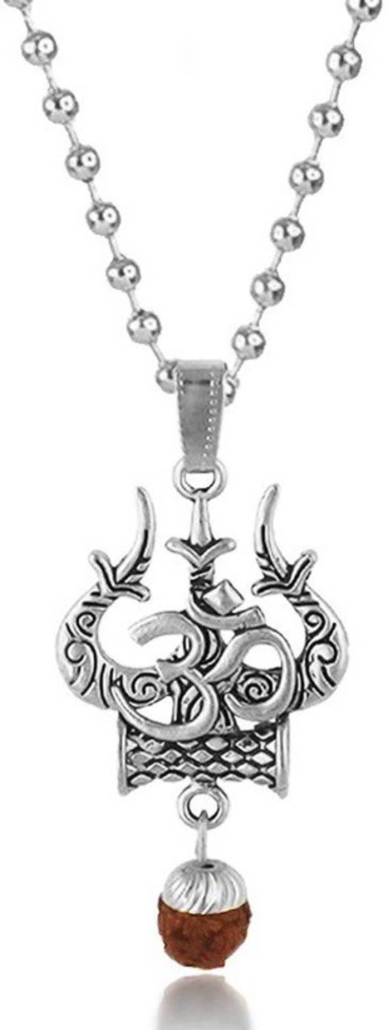 Airtick Silver Rudraksha Om Chand Symbol Shiva Trishul Mahakaal Locket Pendant Necklace Stainless Steel Pendant