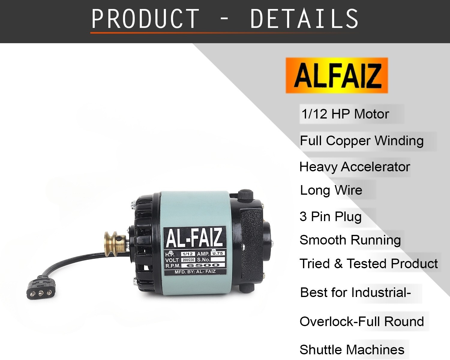 Image of Al-Faiz pro Industrial Sewing Machine Motor 1 /12 HP And Heavy Controller(Copper Winding) Electric Sewing Machine 100 built-in stitches 200 SPM 6 Months Warranty gray