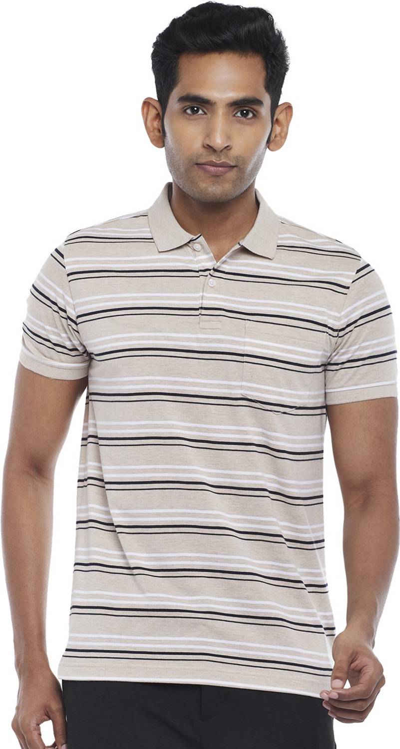 Byford by Pantaloons Striped Men Polo Neck Beige T-Shirt