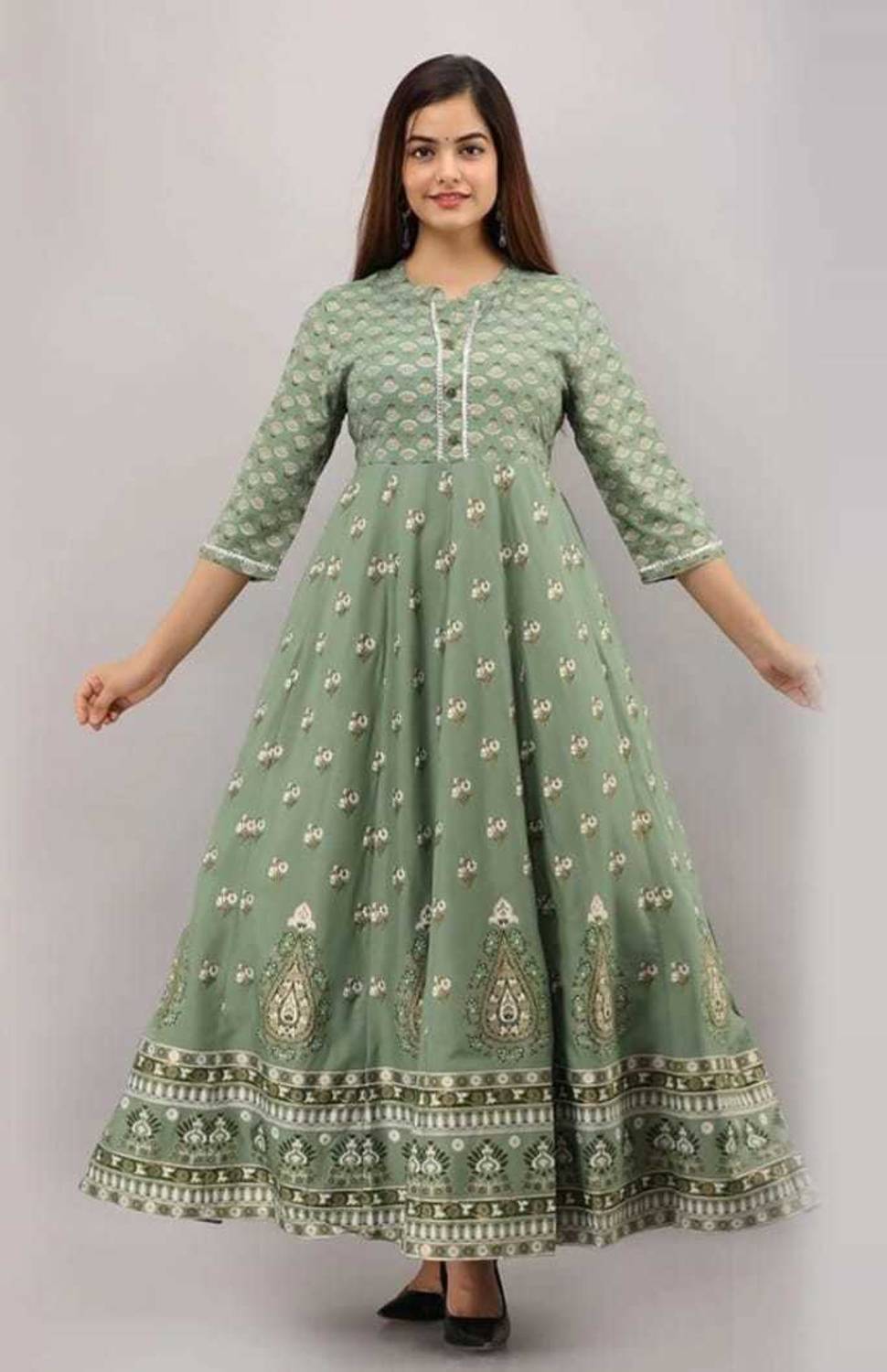 R GLOBAL Women Printed Viscose Rayon Anarkali Kurta (Light Green)
