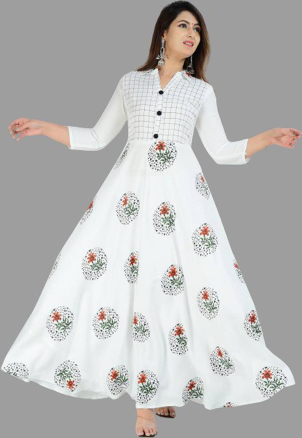 GOD DM Women Printed Viscose Rayon Anarkali Kurta (White)