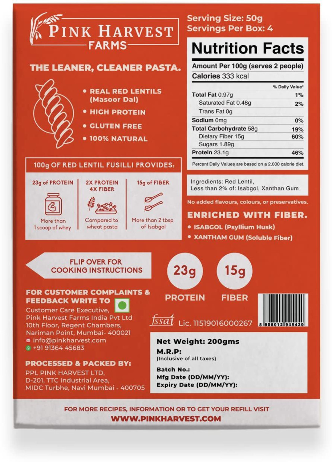 Image of PINK HARVEST FARMS Red Lentil Fusilli Pasta 200gm (Pack of 2) Fusilli Pasta