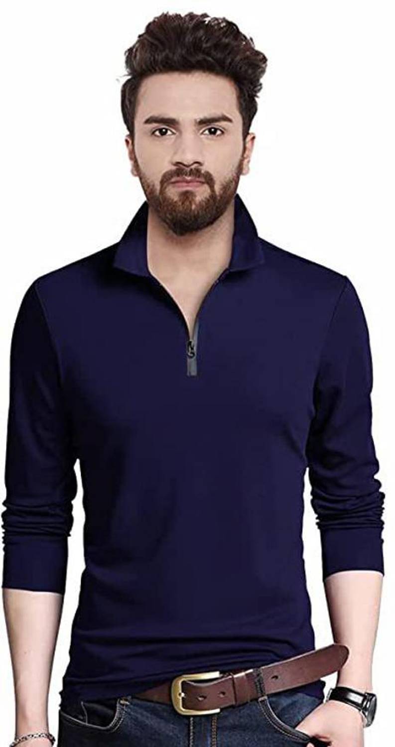 Bribzy Men Solid Zip Neck Cotton Blend Navy Blue T-Shirt