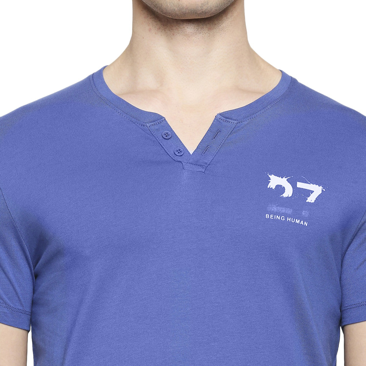 Image of BEING HUMAN Solid Men Henley Neck Blue T-Shirt