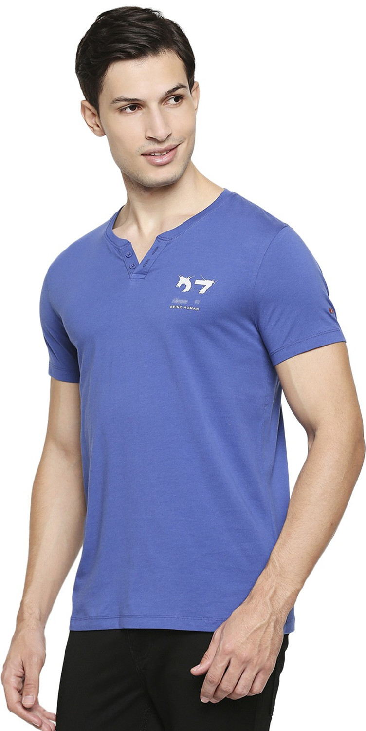 Image of BEING HUMAN Solid Men Henley Neck Blue T-Shirt