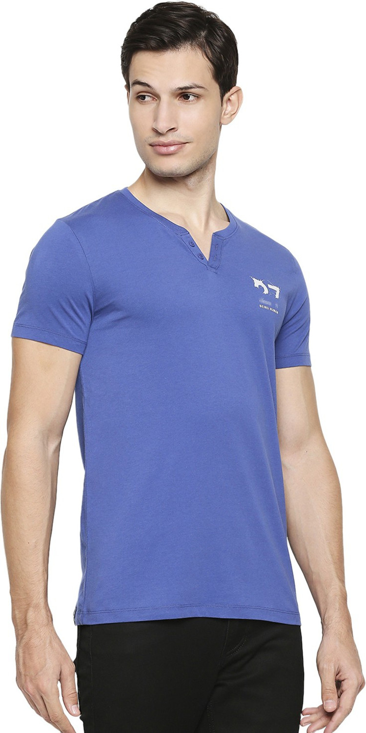 Image of BEING HUMAN Solid Men Henley Neck Blue T-Shirt