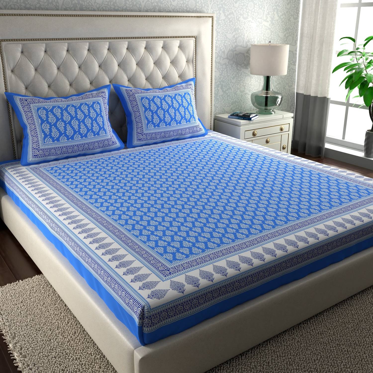 LA VERNE Cotton Double Flat 144 TC Printed 1 Bedsheet with 2 Pill