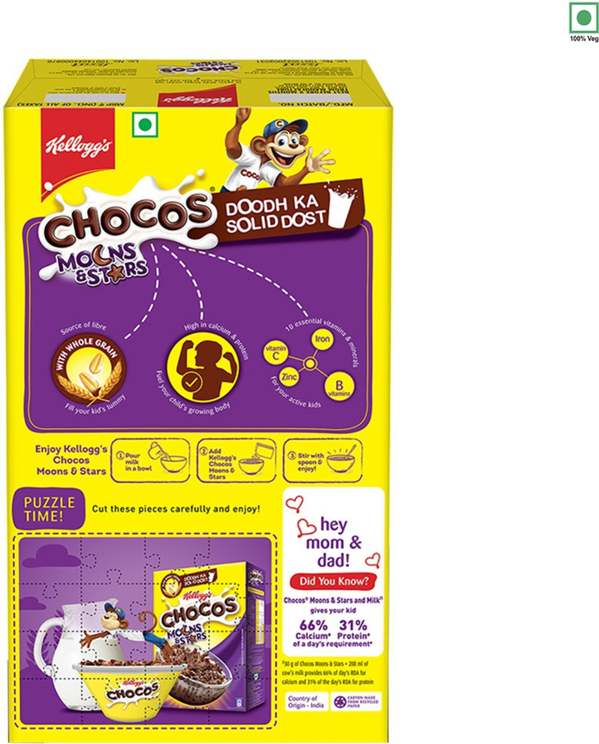 Image of Kellogg's Chocos Moons & Stars with Whole Grain, High in Calcium & Protein, Kid's Cereal Box