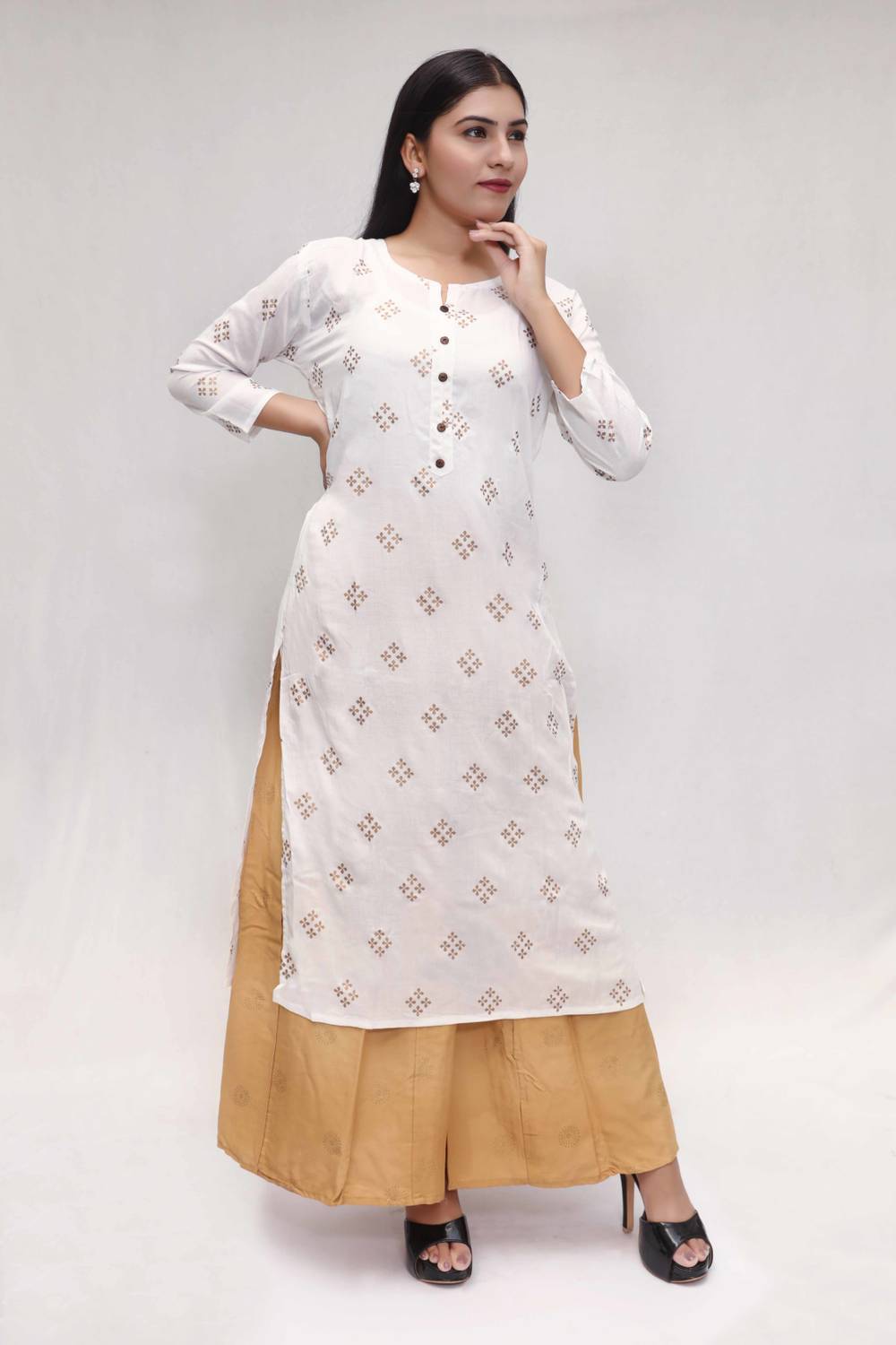 KANGOD'S Women Printed Cotton Rayon A-line Kurta (White, Gold)