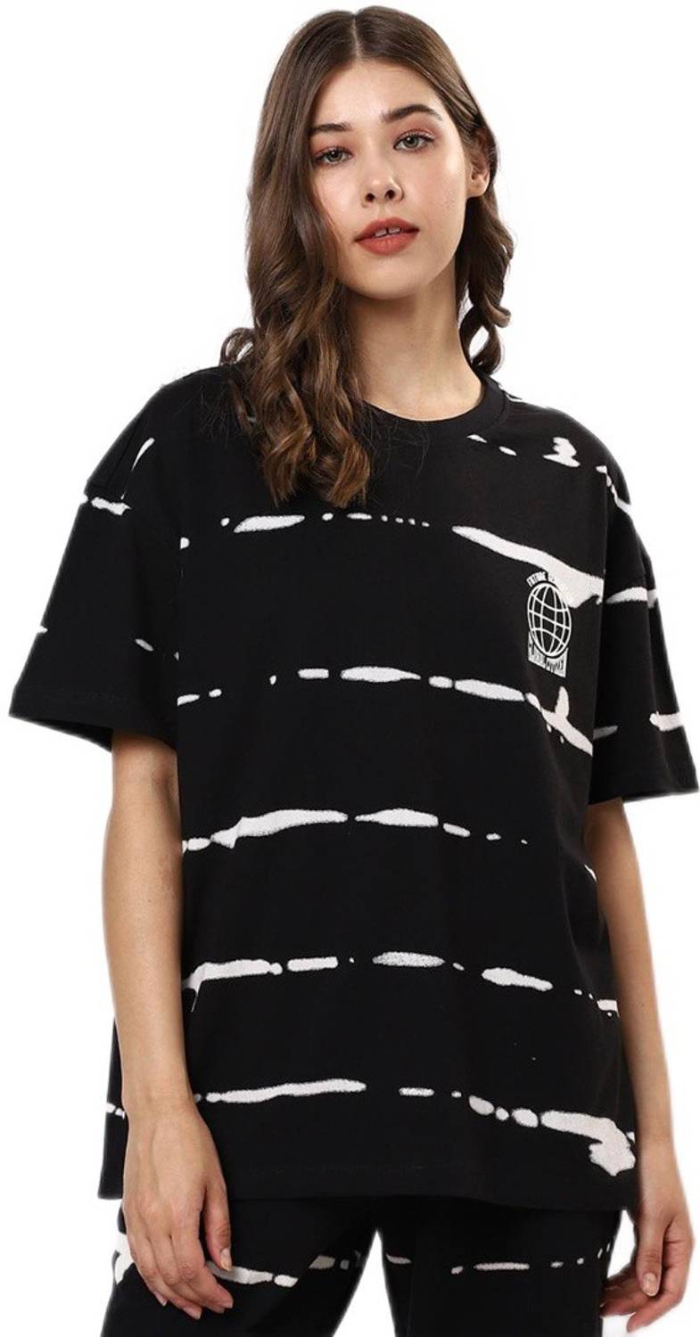 BEWAKOOF Striped Women Round Neck Black T-Shirt