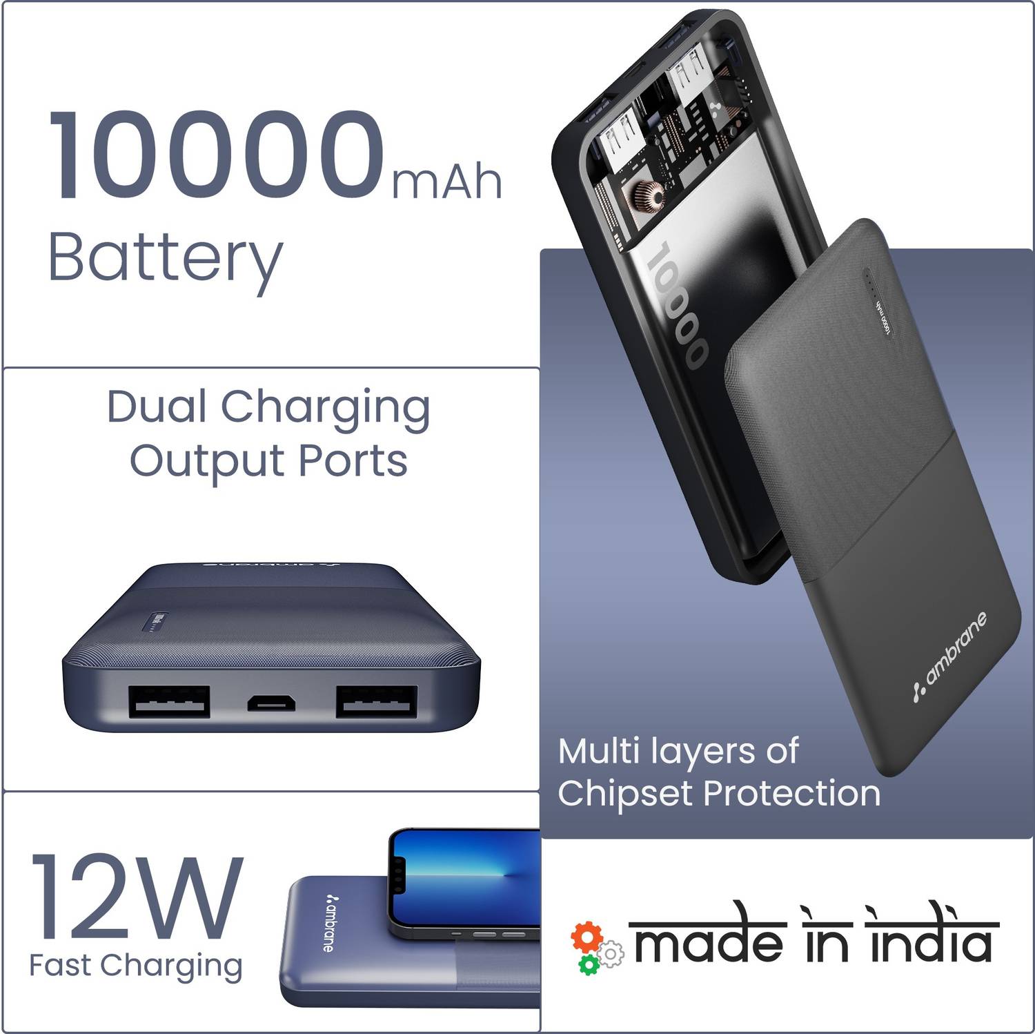 Ambrane 10000 mAh 12 W Compact Pocket Power Bank Blue - Image 2