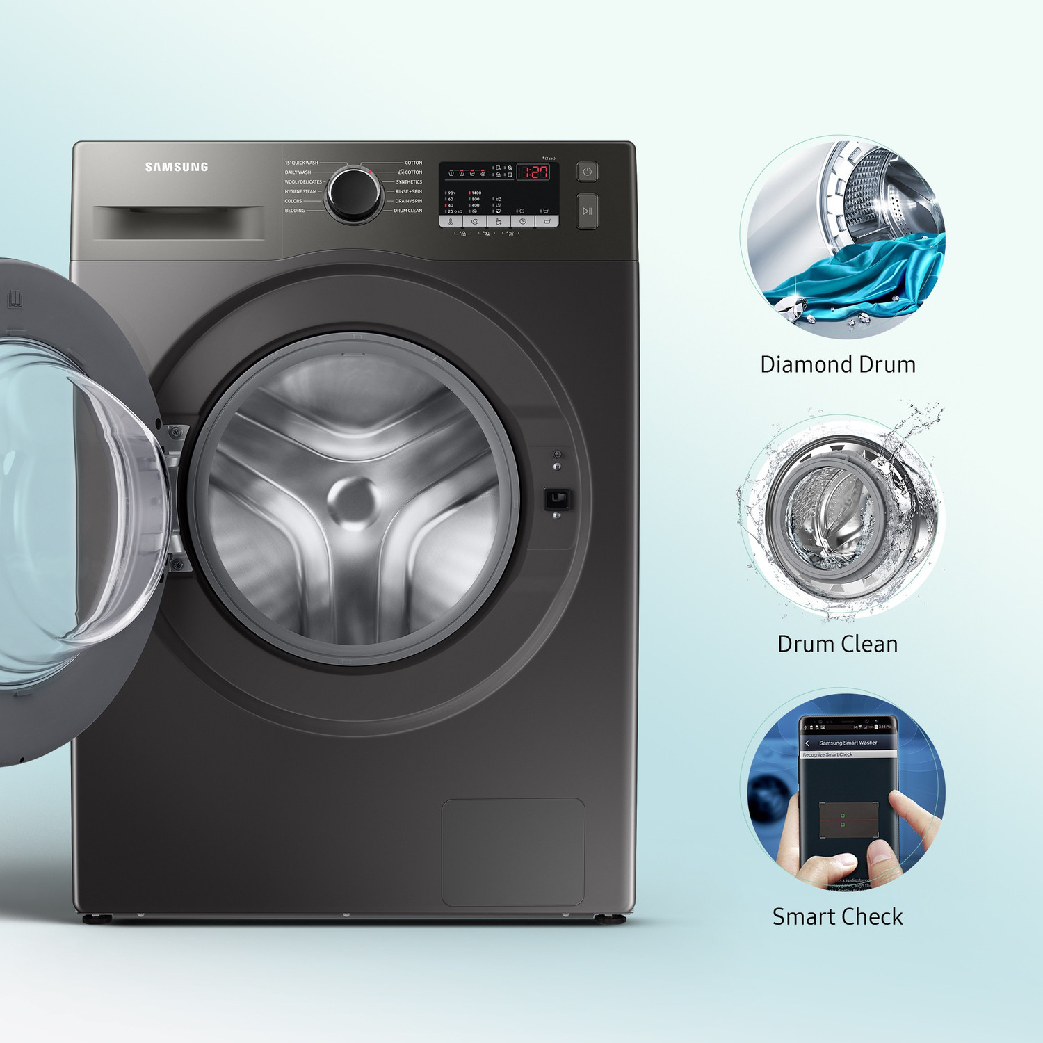 Image of Samsung 9 kg 5 Star, Digital Inverter Motor, Hygiene Steam, Fully Automatic Front Load Washing Machine Black