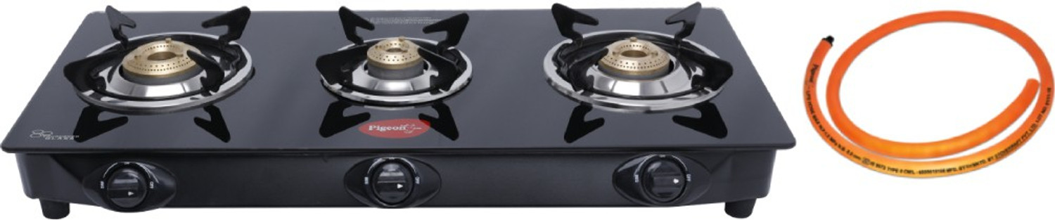 Image of Pigeon 3 Burner Glass Cooktop Automatic with hose pipe Stainless Steel, Glass Automatic Gas Stove