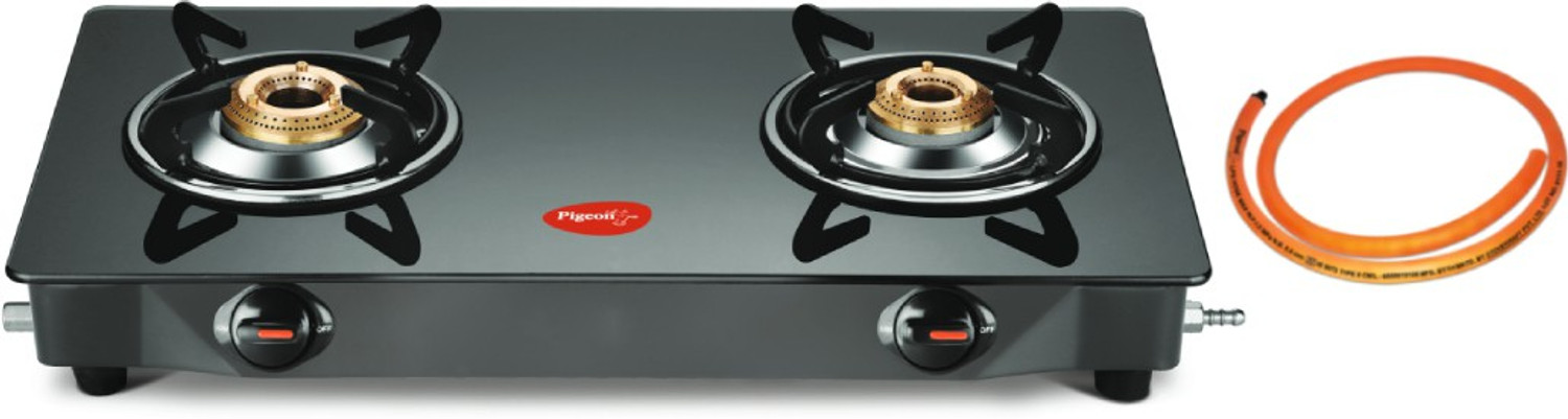 Image of Pigeon Brunet 2 Burner Glass Cooktop Automatic with hose pipe Stainless Steel, Glass Automatic Gas Stove
