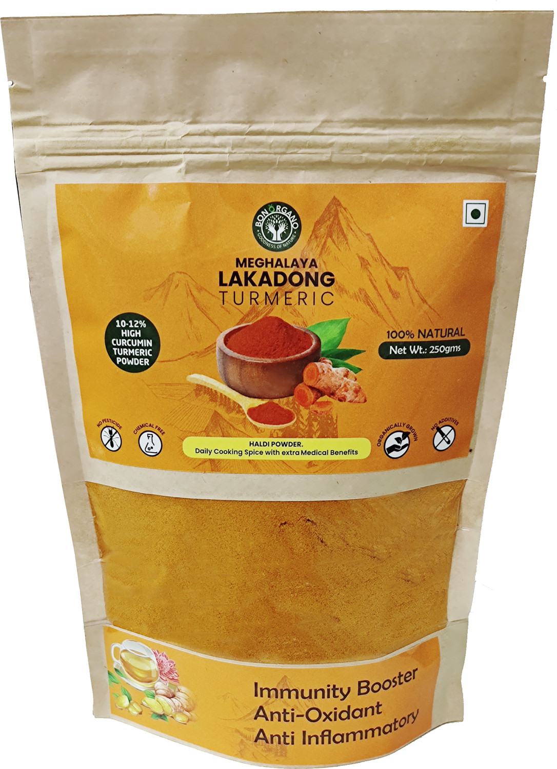 Image of bon organo Meghalaya Lakadong Turmeric Powder, 250gms, High Curcumin (10-12%)