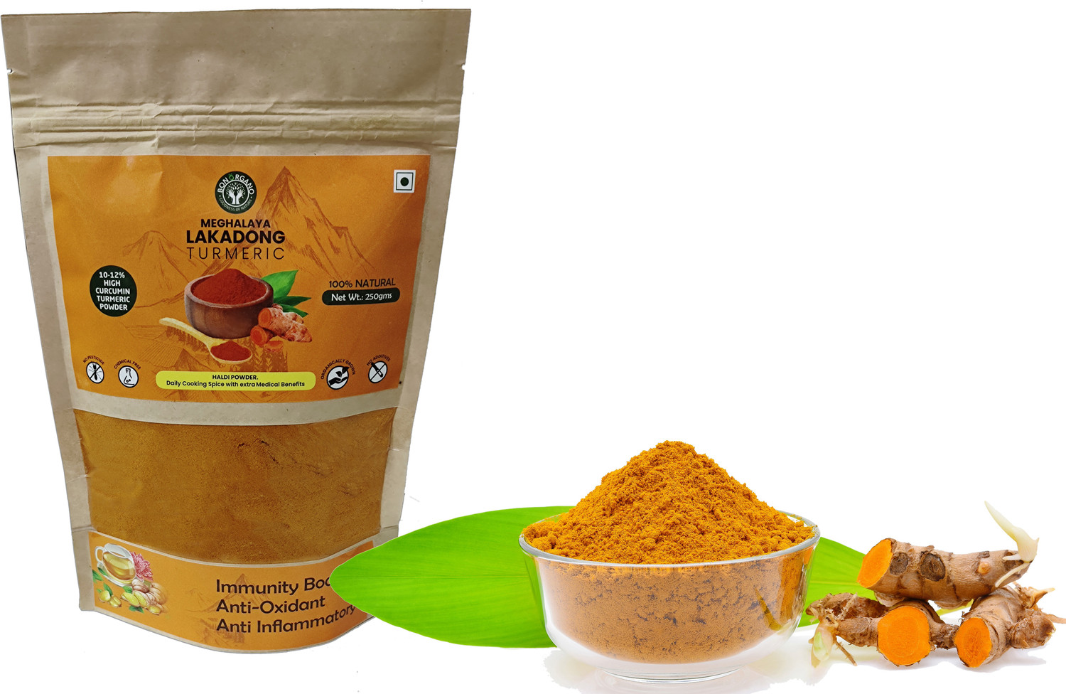 Image of bon organo Meghalaya Lakadong Turmeric Powder, 250gms, High Curcumin (10-12%)