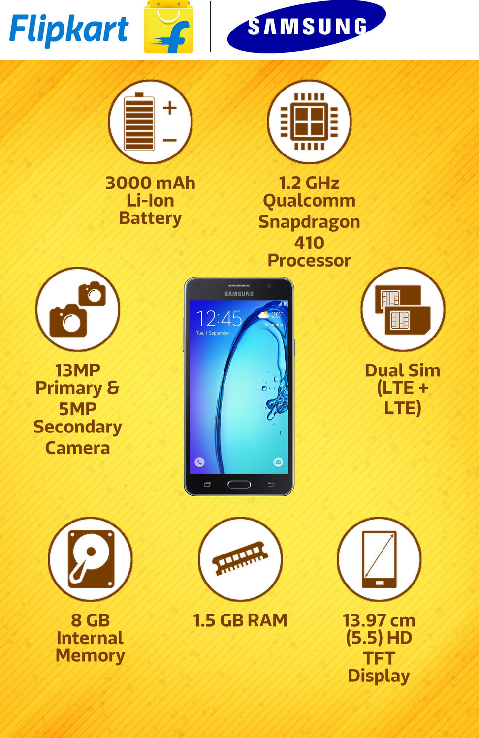 Image of Samsung Galaxy On7 (Black, 8 GB) (1.5 GB RAM)