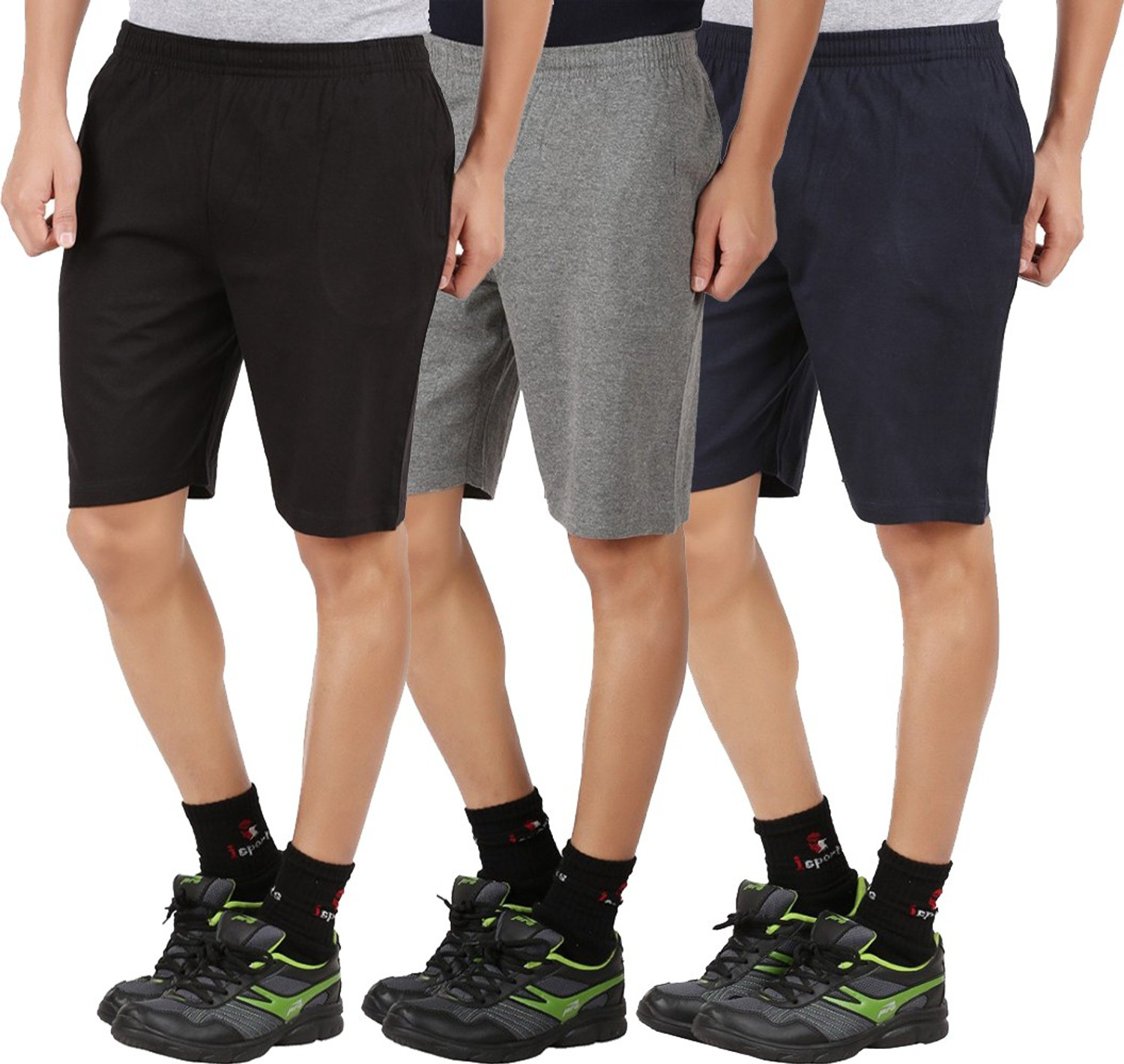 Image of CHECKERSBAY Solid Men Dark Blue, Black, Grey Sports Shorts