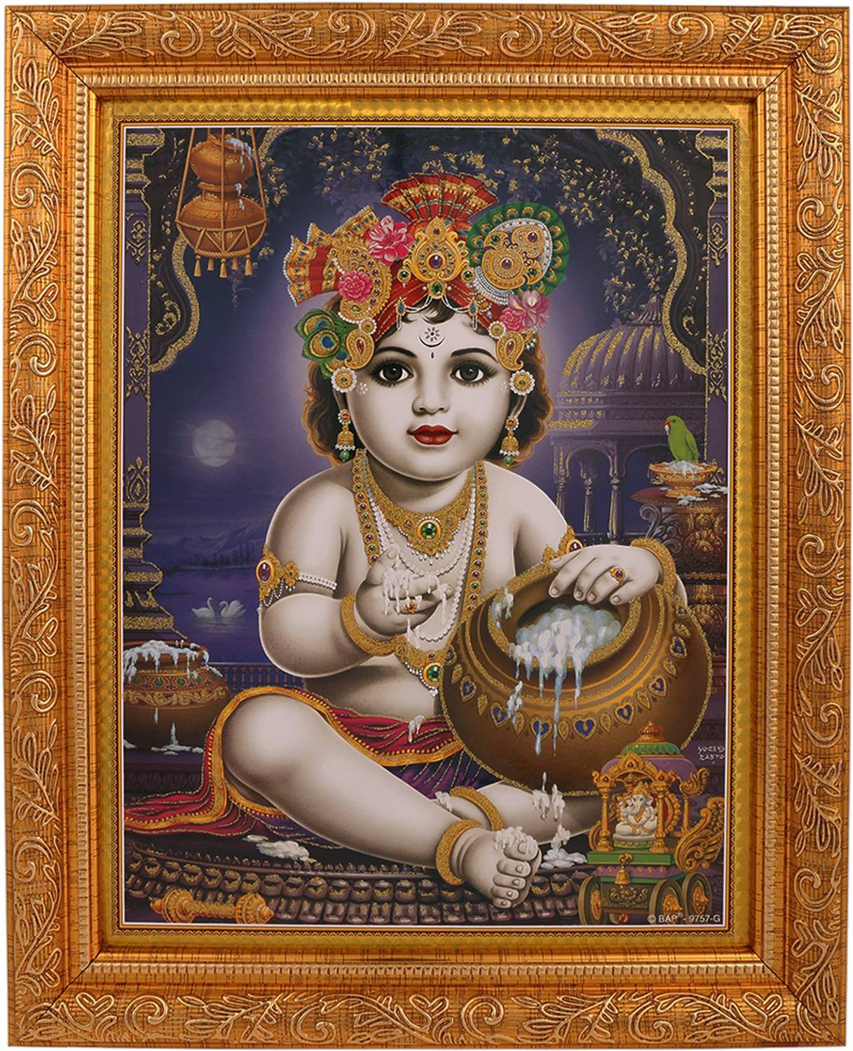 BM Traders Golden Zari Work Photo Of Bal Krishna In Golden Frame Decorative Showpiece - 35.56 cm