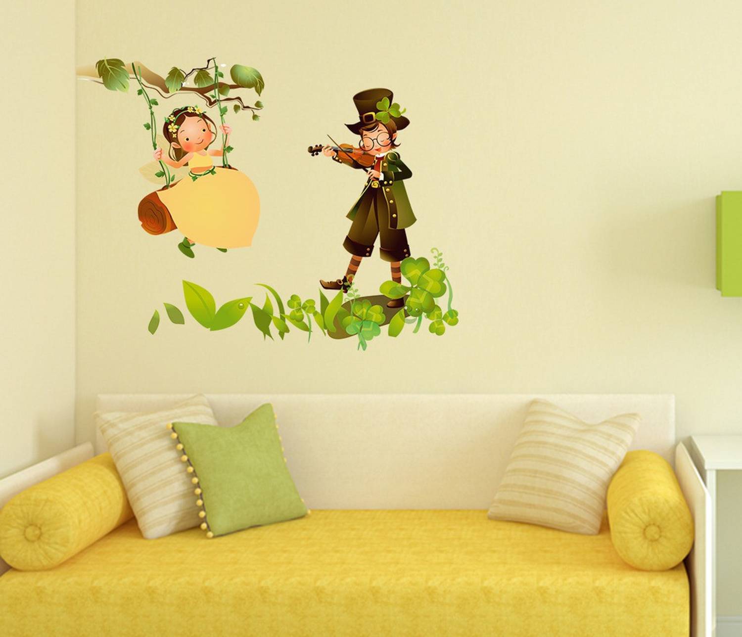 Aquire 70 Wall Stickers Kids Room Baby Girl Swinging in Garden with Boy Playing Violin Nursery Room Theme Decor Self Adhesive Sticker