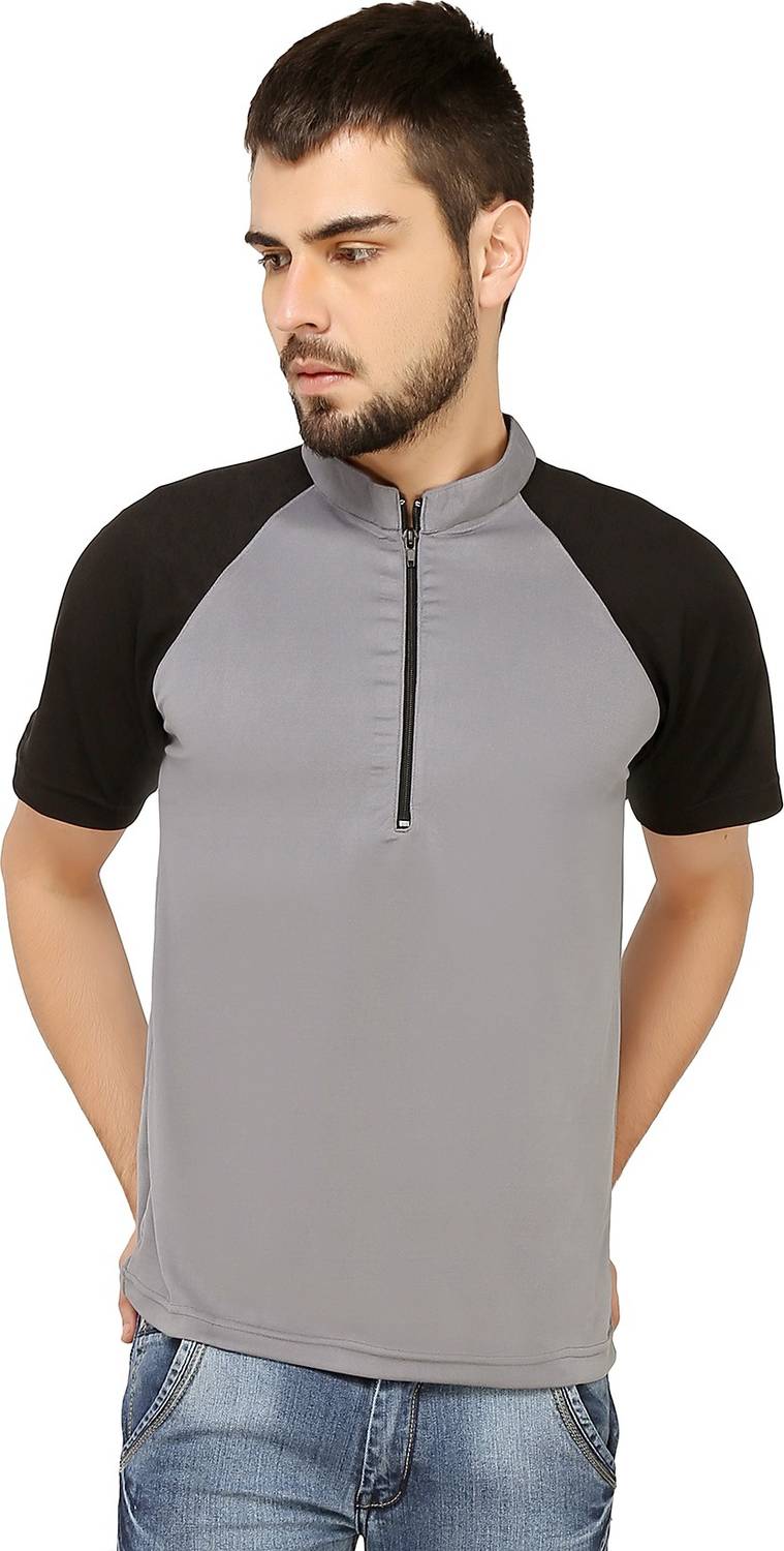 Ashdan Solid Men Mandarin Collar Black, Grey T-Shirt