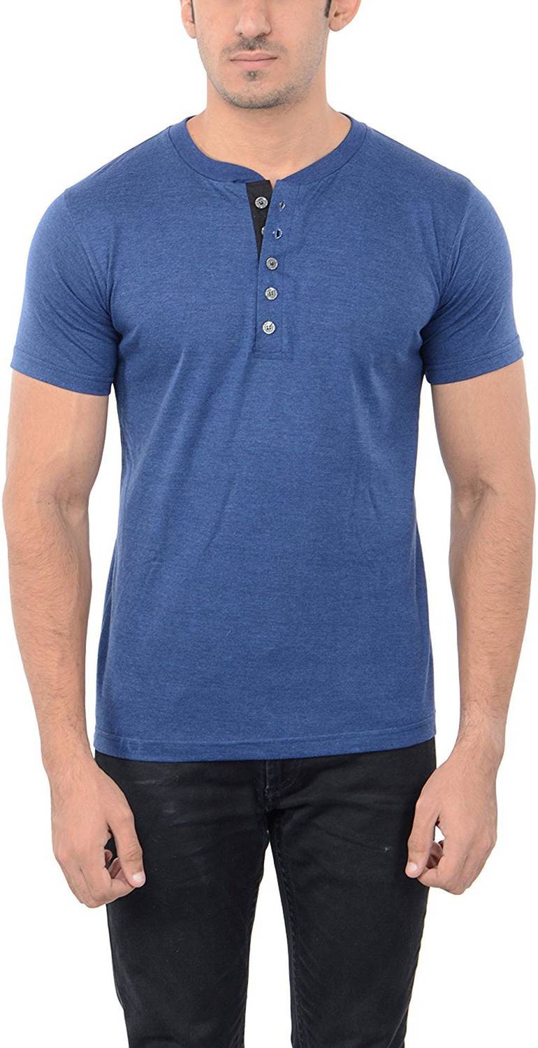 aarbee Solid Men Henley Neck Blue T-Shirt