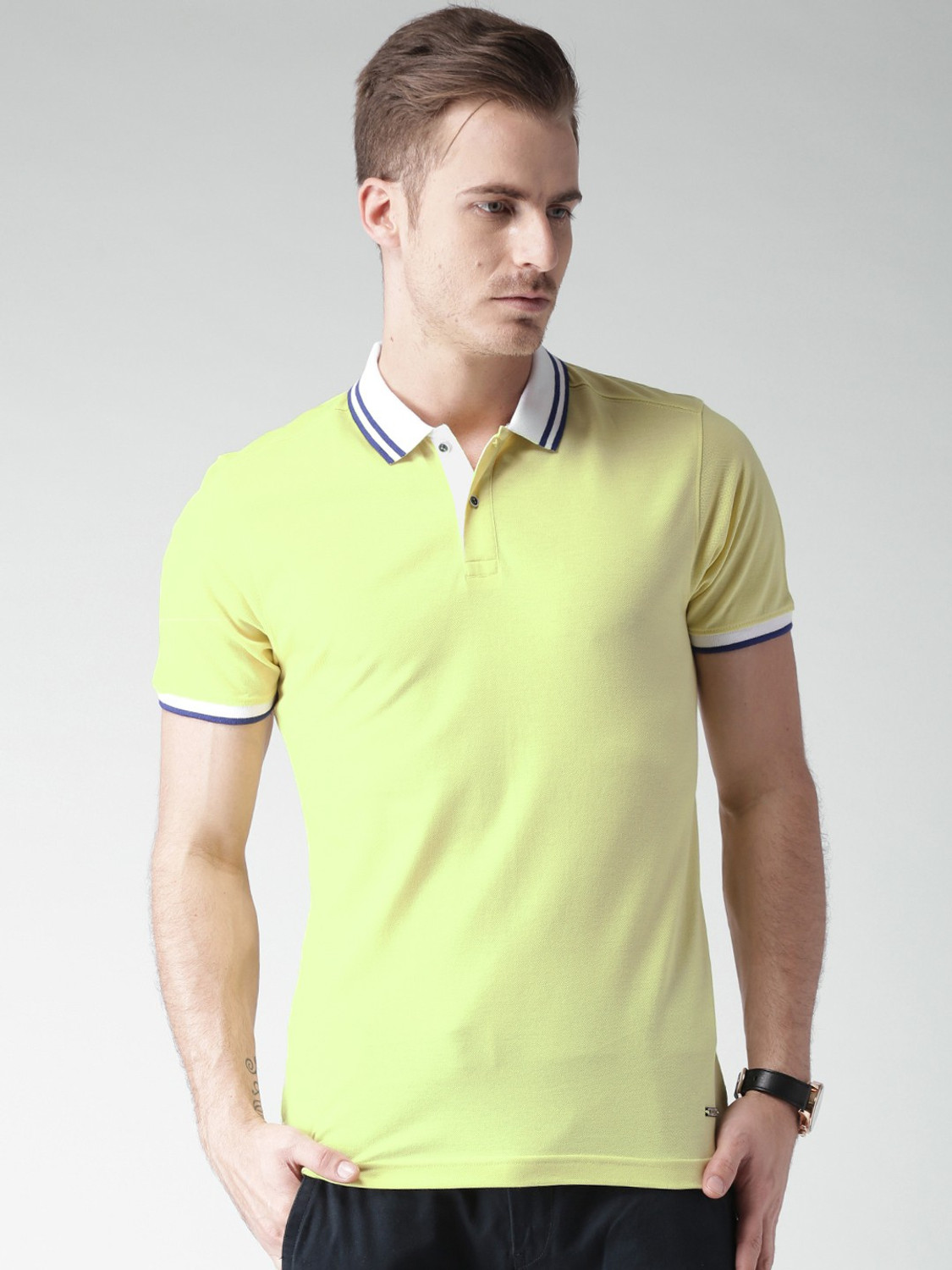 Image of INVICTUS Solid Men Polo Neck Yellow T-Shirt