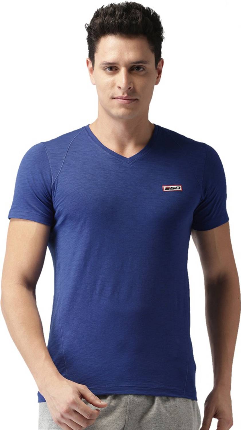 2GO Solid Men V Neck Blue T-Shirt