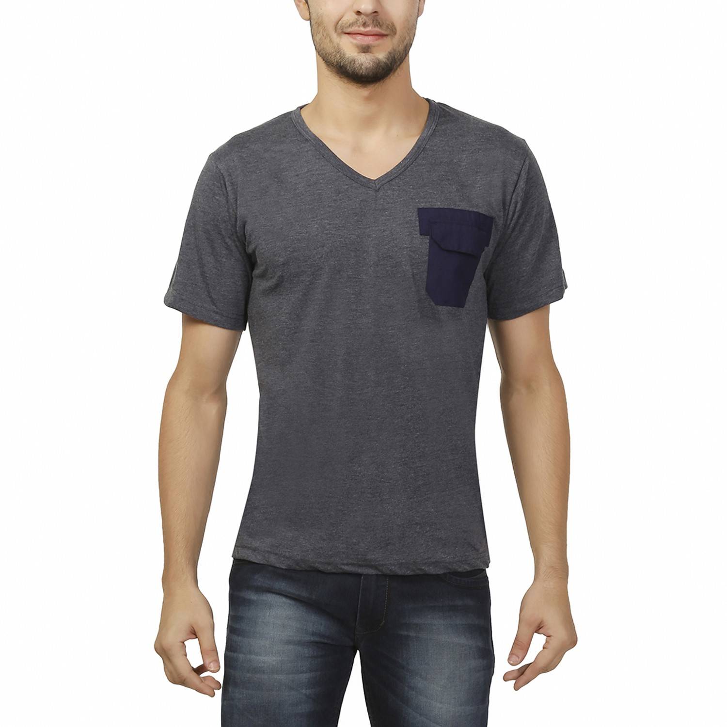 Ashdan Solid Men V Neck Dark Blue T-Shirt