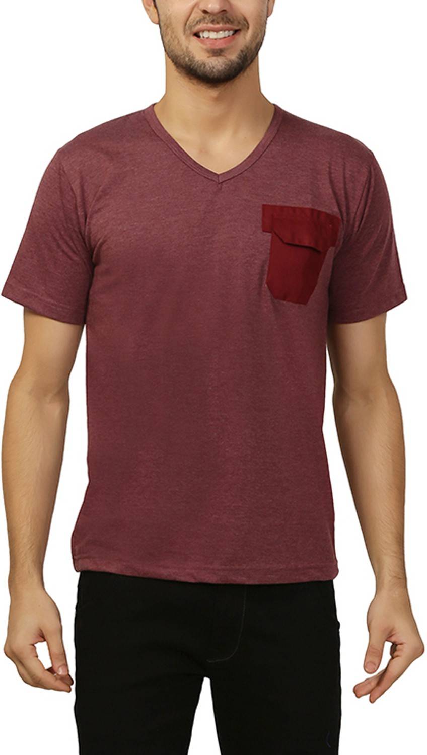 Ashdan Solid Men V Neck Maroon T-Shirt
