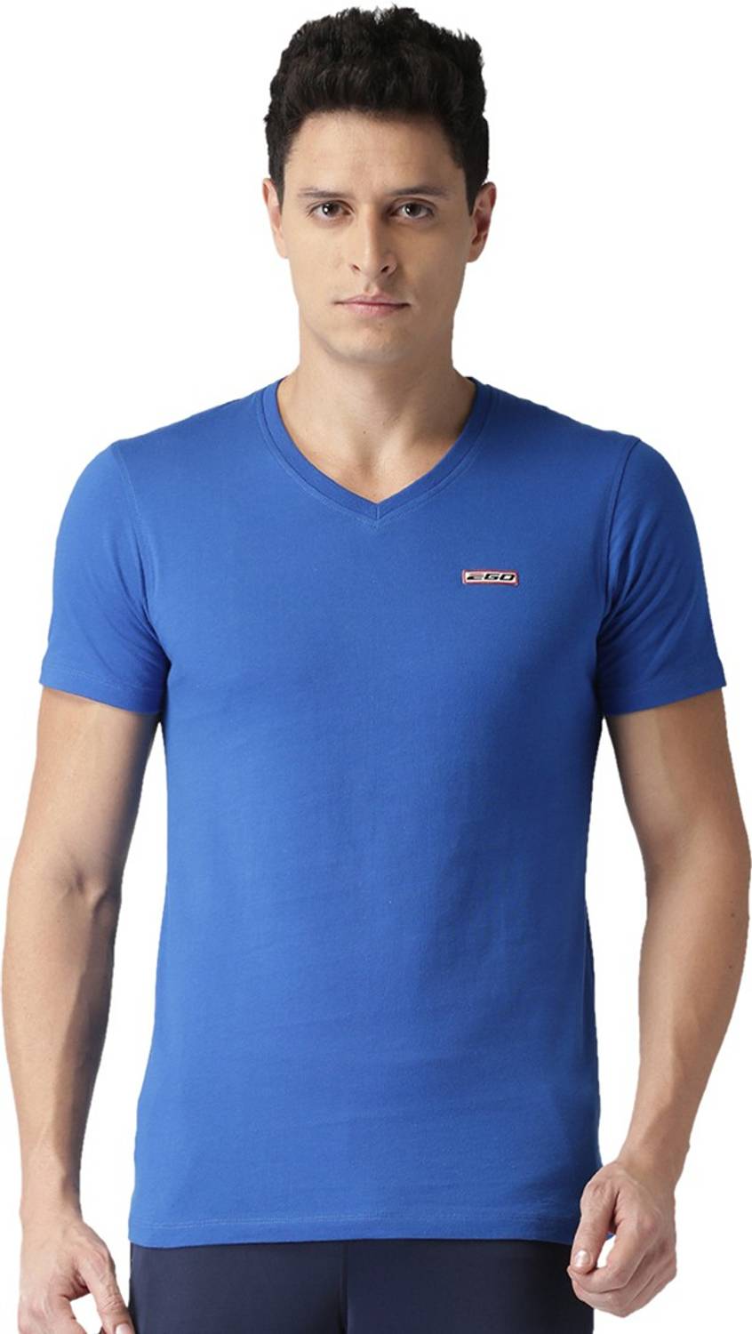 2GO Solid Men V Neck Blue T-Shirt