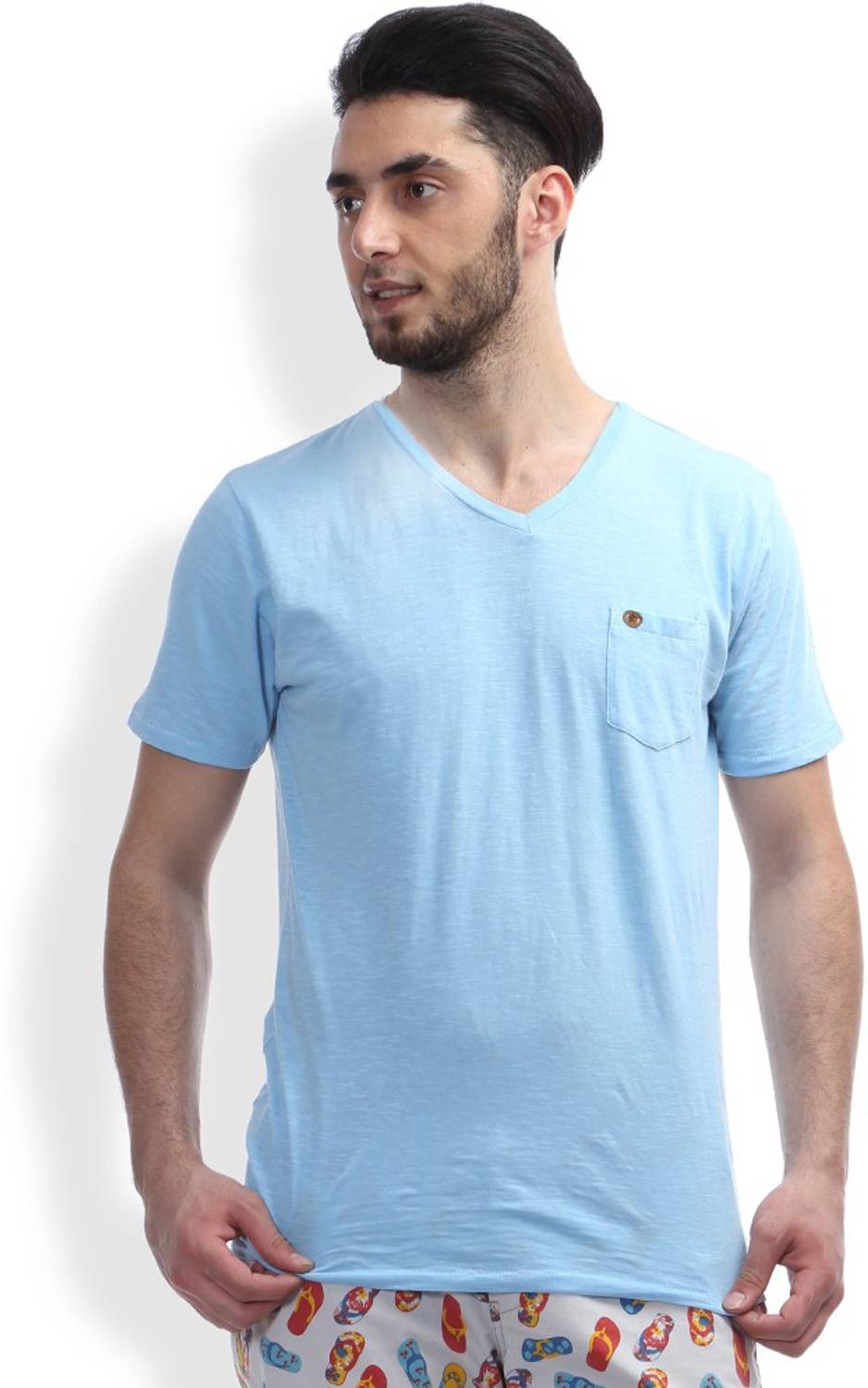 BREAKBOUNCE Solid Men V Neck Blue T-Shirt