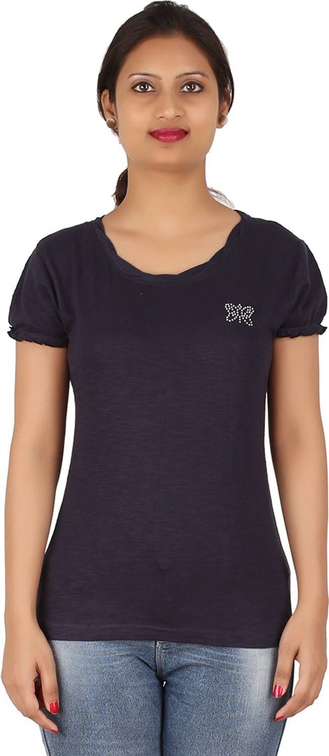 CHECKERSBAY Casual Short Sleeve Embellished Women Dark Blue Top