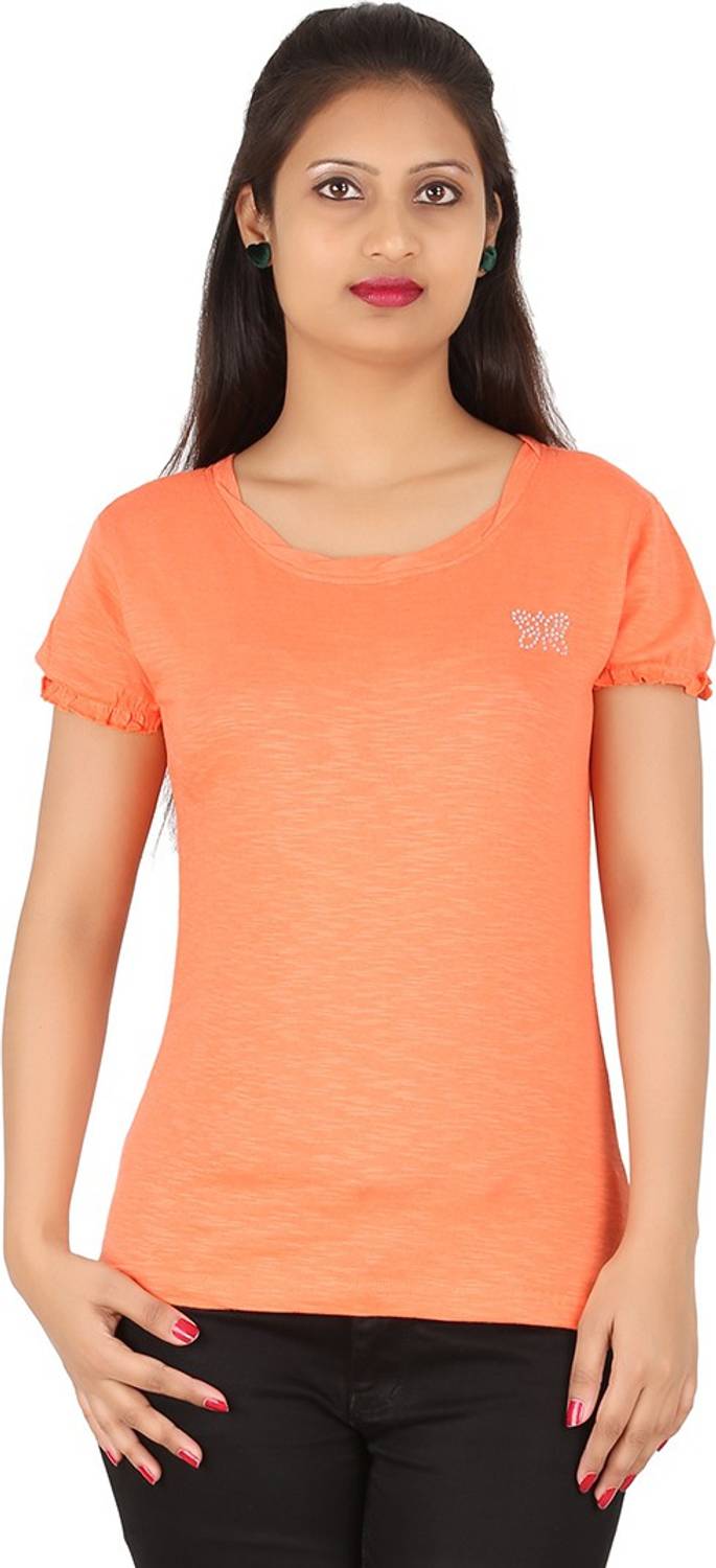 CHECKERSBAY Casual Short Sleeve Embellished Women Orange Top