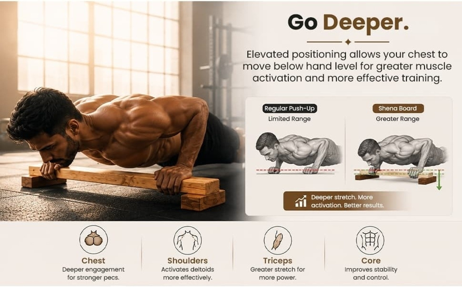 Image of woodenboy Wooden Shena Push Up Bars - Ergonomic Strength Training Board for Calisthenics Ab Exerciser (Brown)