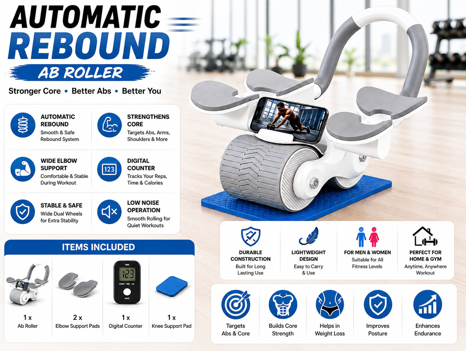 Image of QUICK FIT Automatic Rebound Abdominal Wheel Elbow Support,Core Workout Equipment for Ab Exerciser