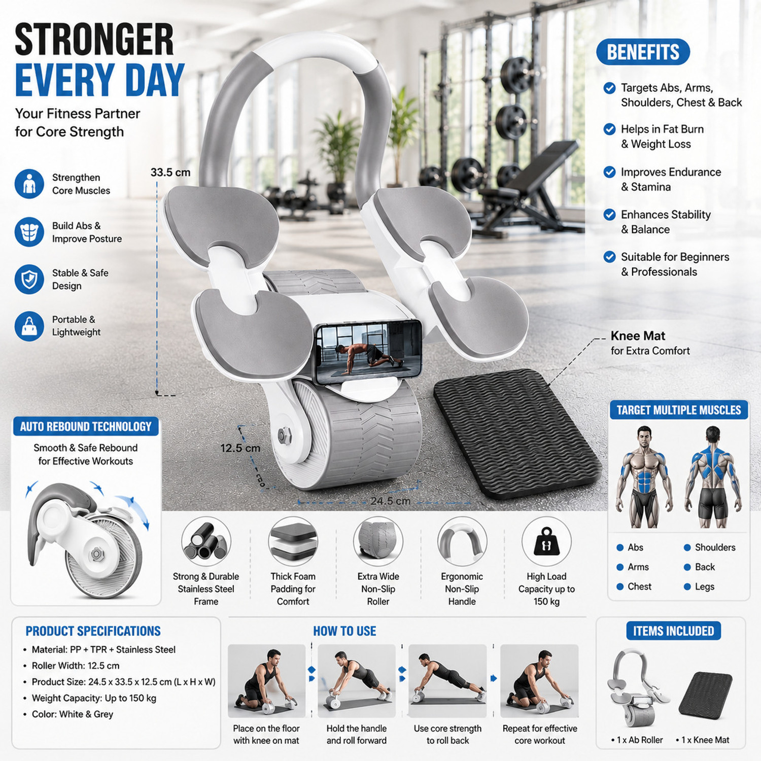 Image of QUICK FIT Automatic Rebound Abdominal Wheel Elbow Support,Core Workout Equipment for Ab Exerciser