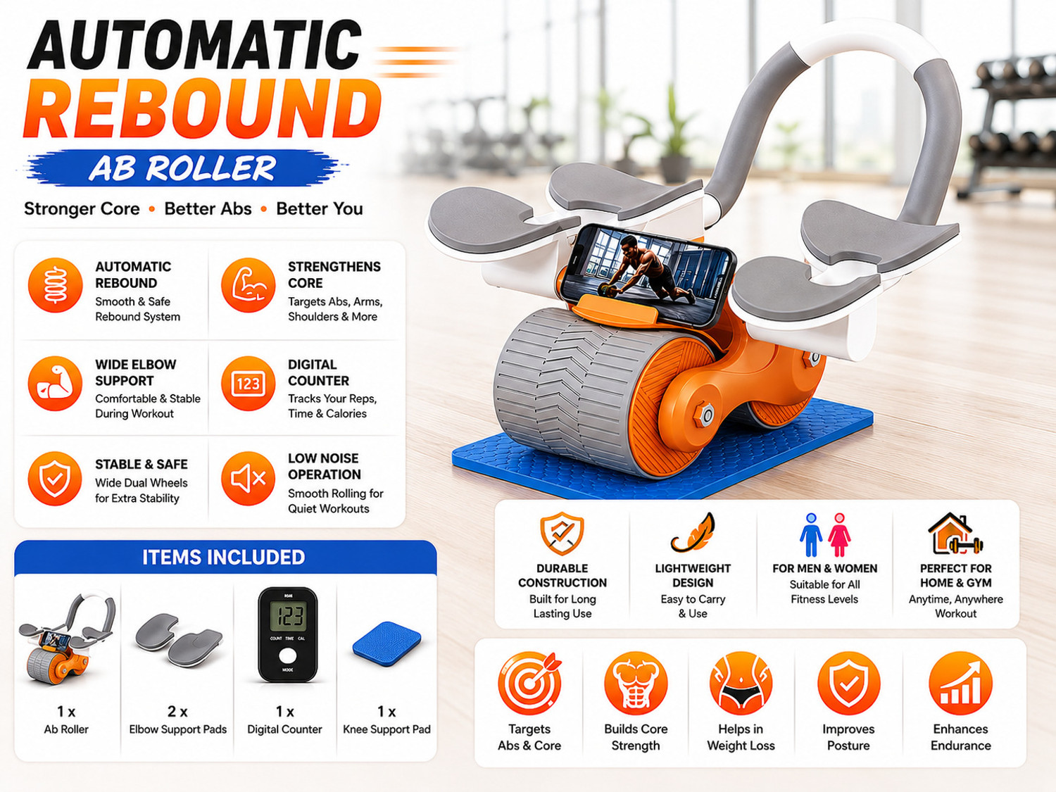 Image of QUICK FIT Automatic Rebound Abdominal Wheel Elbow Support,Core Workout Equipment for Ab Exerciser