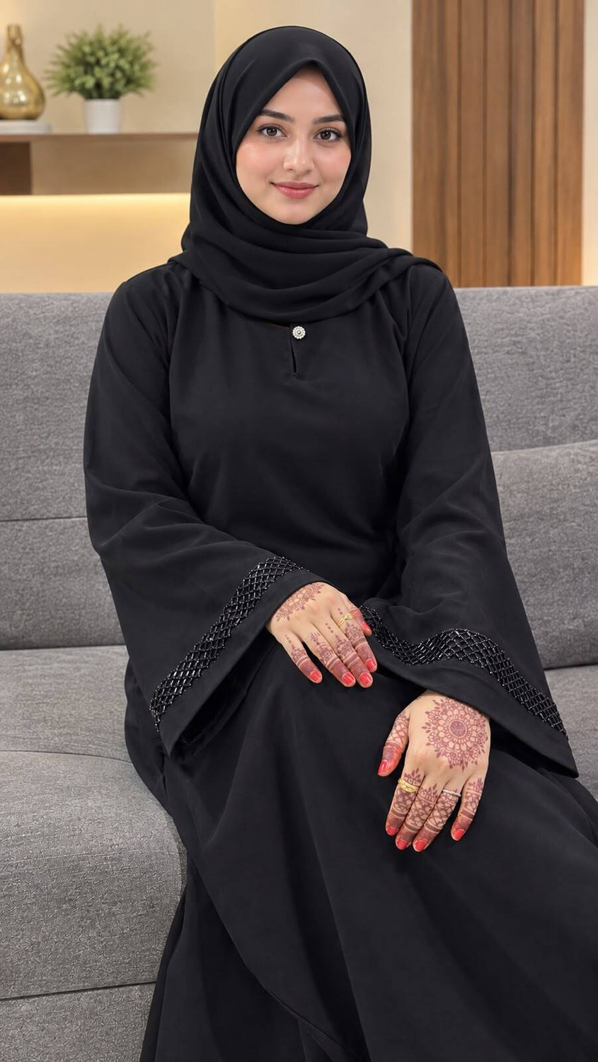 Image of KSCOLLECTION Cotton Silk Self Design Abaya With Hijab (Black)