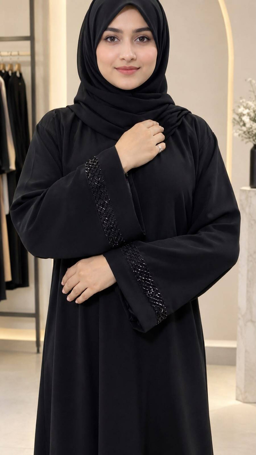 Image of KSCOLLECTION Cotton Silk Self Design Abaya With Hijab (Black)