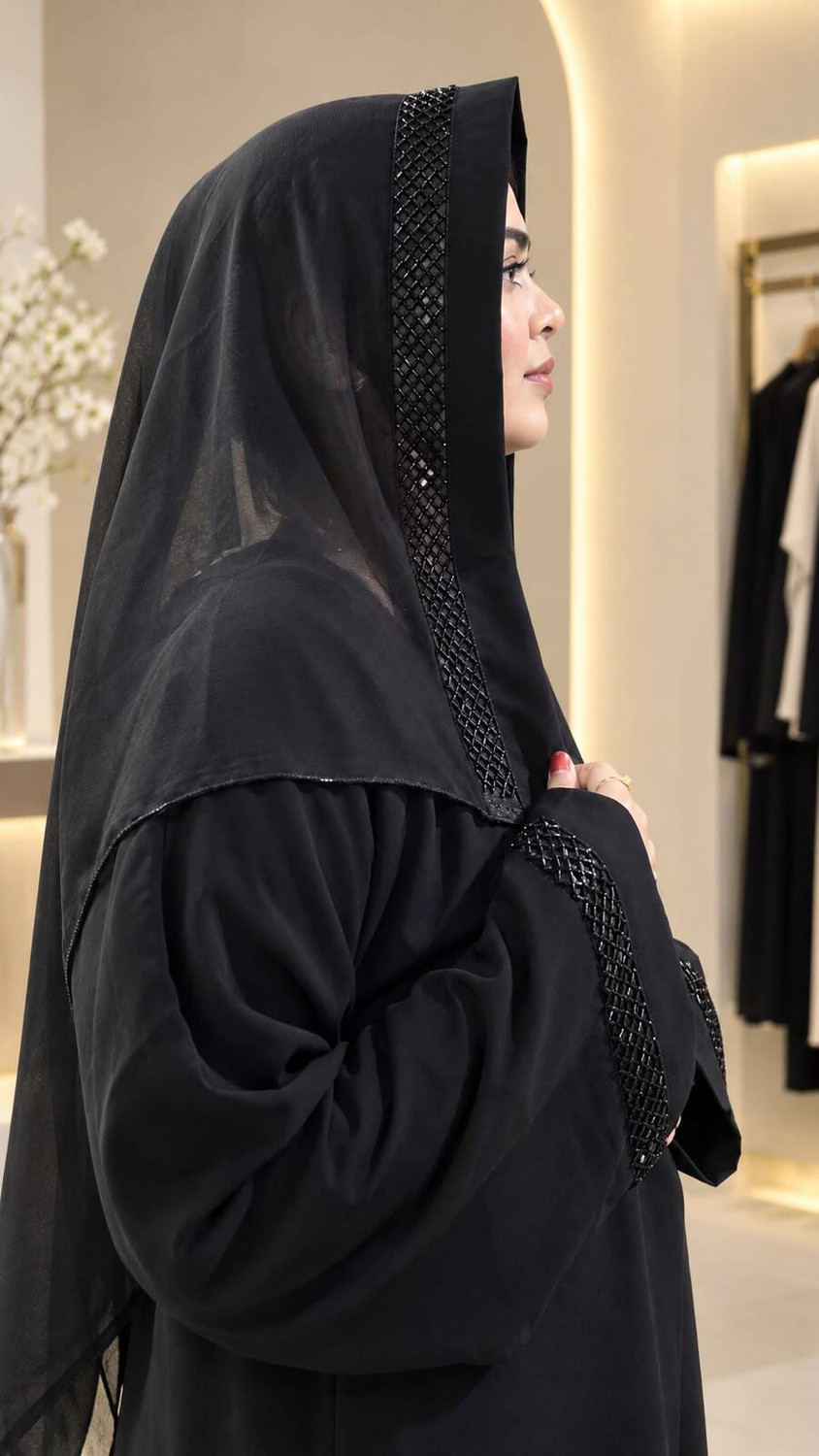 Image of KSCOLLECTION Cotton Silk Self Design Abaya With Hijab (Black)